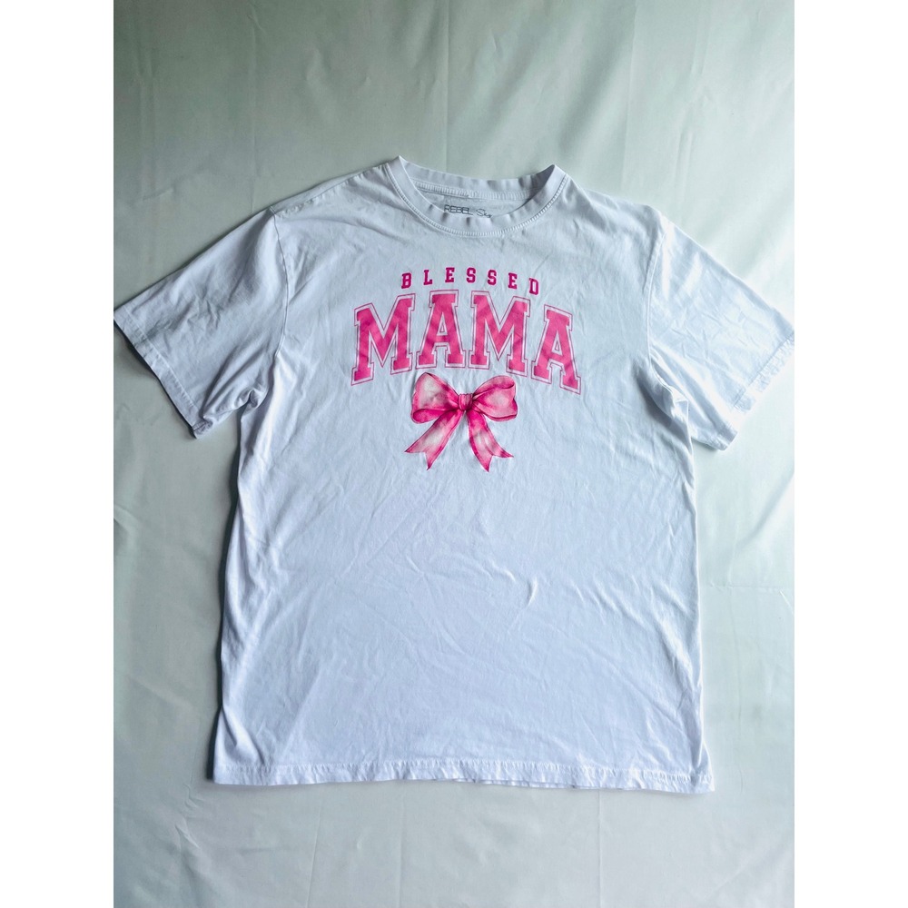 Rebel Sky Blessed MAMA Pink Bow Graphic Tee White Cotton T-Shirt XL Coquette